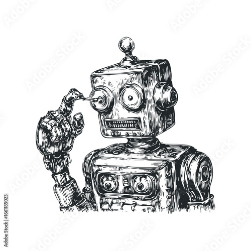 Vintage robot adjusting its eye with a small tool