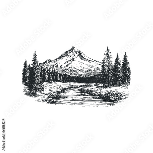 Sketch of a Snow-Capped Mountain Peak with a Winding River and Pine Trees