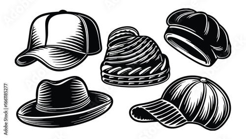 Vector art of collection of five different hats and caps, including a fedora, baseball cap, and beanie.