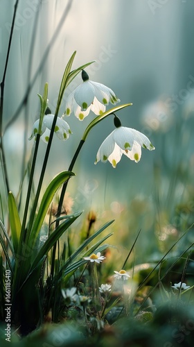 Beautiful White Flowers Blooming in a Forest During Early Morning Light.