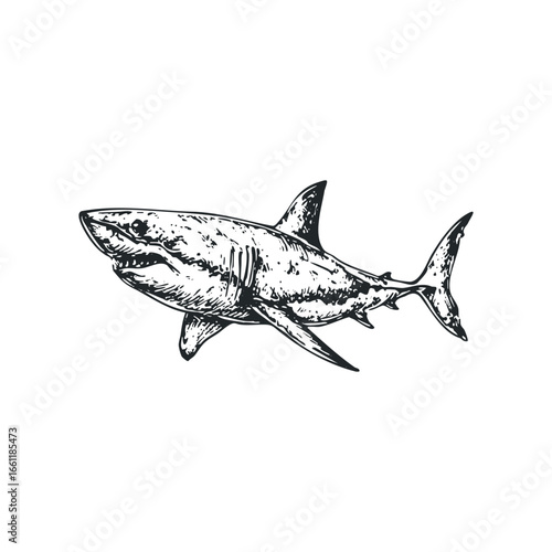 Monochromatic sketch of a powerful great white shark in dynamic motion