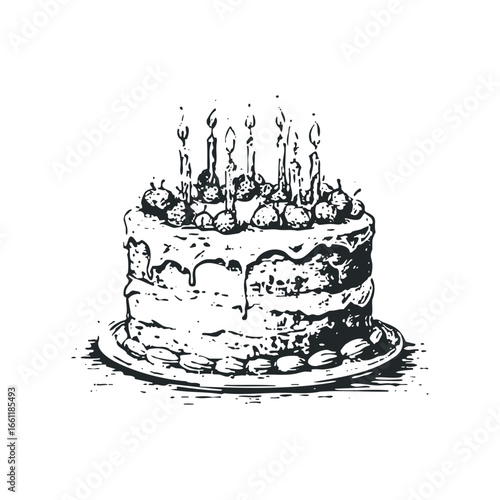 Hand-drawn sketch of a multi-layered birthday cake adorned with strawberries and lit candles