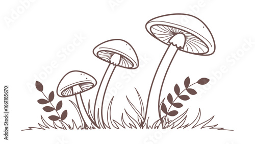 Vector art of three mushrooms of varying sizes growing in grass with small branches.