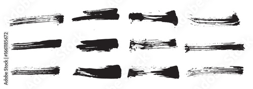 Abstract black brush brush marks, ink brush strokes, Chinese, Japanese, Korean, calligraphy brush strokes, hand drawn style black and white brush marks texture, rough gouache paint brushes
