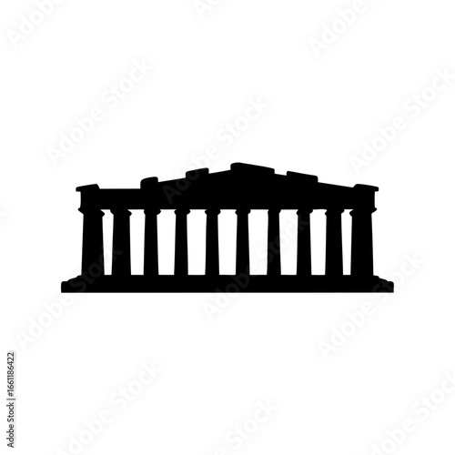 Stylized black silhouette of the Parthenon against a white background conveys ancient Greek architecture