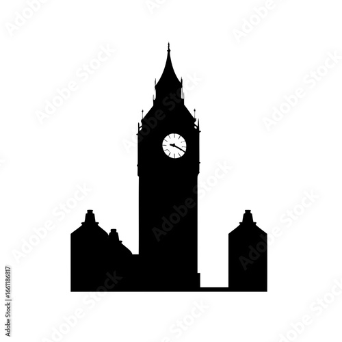Black silhouette of the Big Ben clock tower in London, England