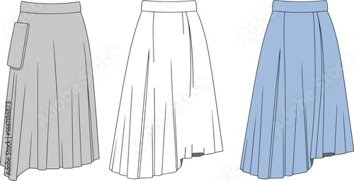 Pleated skirt flat sketch, asymmetrical design, pocket detail, fashion illustration, women's clothing, vector drawing, CAD flat, apparel design, technical drawing.
