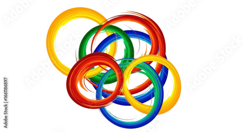 Dynamic Olympic rings in vibrant colors symbolizing unity, movement, and internationalism