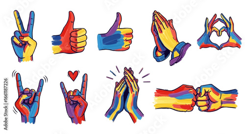 Expressive hand gestures with vibrant rainbow colors, perfect for communication and branding