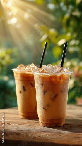 Iced Coffee Drinks Served in Clear Cups With Dark Straws on a Wooden Table in...