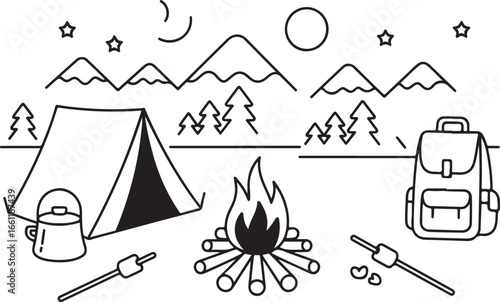 Hand-drawn Camping Illustration with Tent, Campfire, and Backpack for Adventure Themes