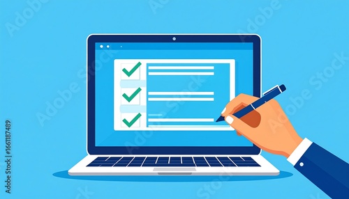 Hand signing digital checklist on laptop