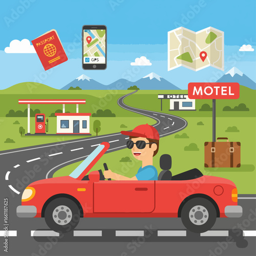 Man driving a red convertible car on a scenic road trip, with roadside attractions like a motel and gas station, accompanied by travel essentials like a passport, map, and smartphone