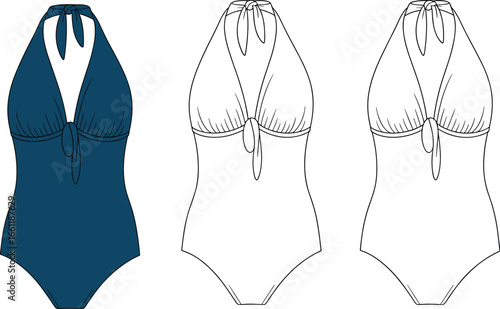 Stylish halter neck one-piece swimsuit, summer beachwear, swimwear fashion, women's bathing suit, vector illustration, CAD drawing, flat design.