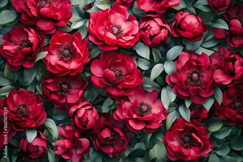 Vibrant Red Peonies in Full Bloom Showcasing Natures Beauty in a Sunny Garden...