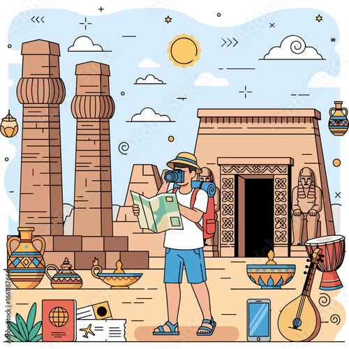 Traveler with backpack and camera exploring ancient egyptian ruins with temples, obelisks, and desert landscape, featuring cultural elements like djembe drum and passport