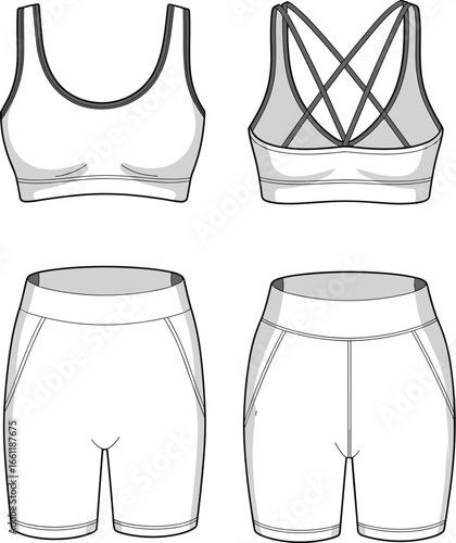 White sports bra and biker shorts set, activewear, fitness clothing, workout apparel, gym outfit, vector illustration, CAD drawing, flat design.