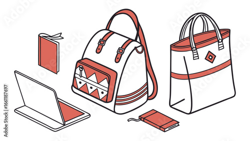 Vector art of a collection of school and travel items, including a backpack, tote bag, open laptop, book, and a small pouch, all in red and white.