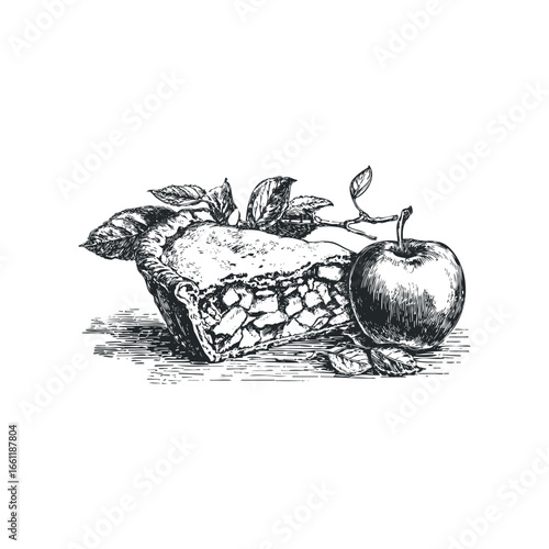 Hand Drawn Slice of Apple Pie with a Fresh Apple and Leaves