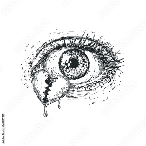 Stylized eye with a broken heart and tear drops