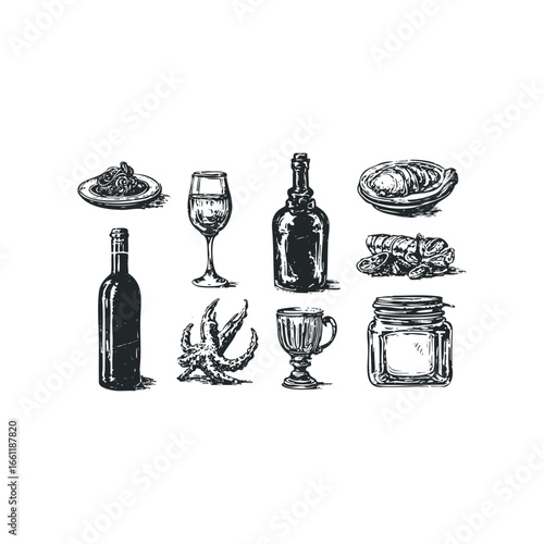 Vintage sketch collection of assorted food and drink items including pasta, oysters, wine, and bottled beverages.