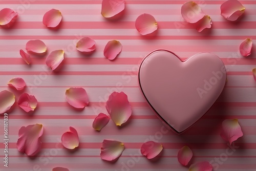 Romantic Heart-Shaped Box Surrounded by Pink Rose Petals on Striped Background