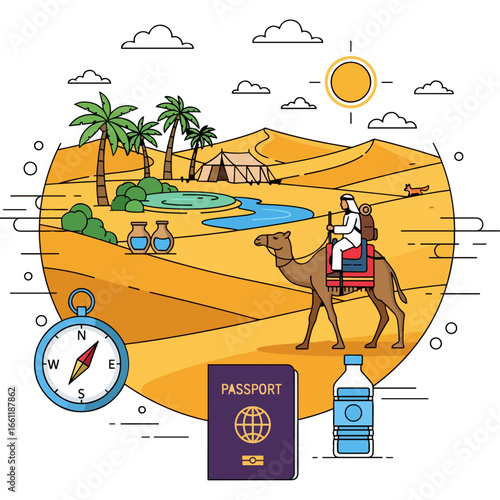 Desert adventure with camel, oasis, palm trees, sun, compass, passport, and water bottle, illustrating a journey and exploration in an arid landscape