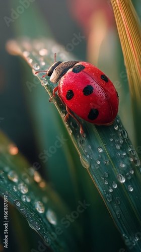 Colorful Ladybug Resting on a Dewy Green Leaf in a Garden During the Early Mo...
