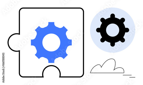 Gear puzzle piece with a mechanical wheel symbolizing teamwork, problem-solving, and innovation. Ideal for concepts thumbs up cooperation, productivity, strategy, connection, efficiency, and systems