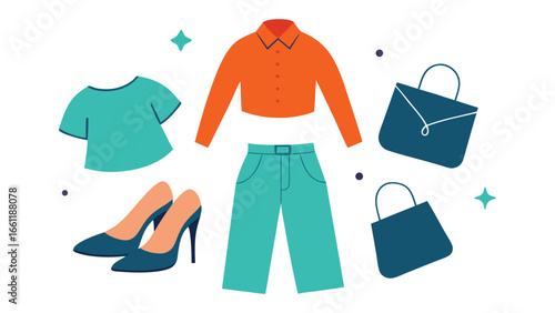 Vector art of a collection of stylish clothing and accessories, including an orange shirt, teal t-shirt, blue jeans, high heels, and handbags.
