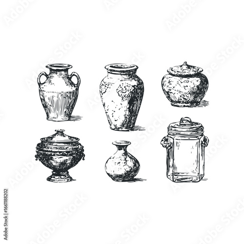 Collection of antique ceramic vessels and jars displayed on white background