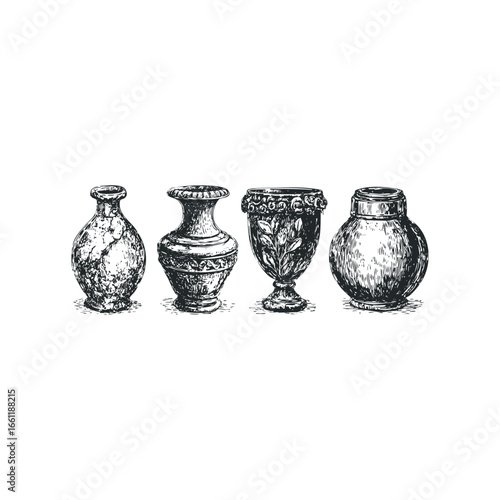 Collection of antique ceramic vases with ornate carvings and textures
