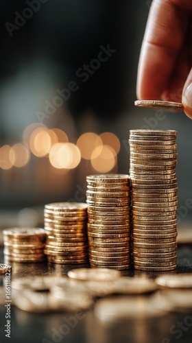 Stacking Coins to Represent Financial Growth at a Cozy Setting During Evening...