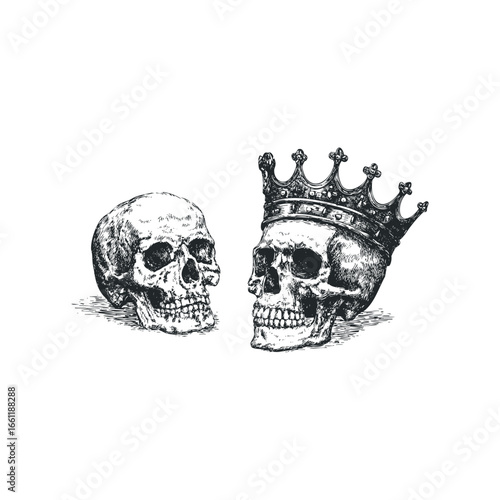 Two skulls, one wearing a crown, rendered in a sketch style on a white background