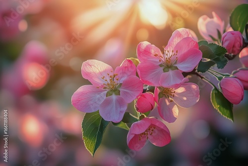 Pink Blossoms Bloom in Spring Sunlight Creating a Serene Atmosphere in a Gard...