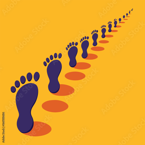 Footprints leading into the distance on an orange background