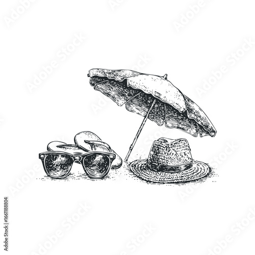 Hand-drawn sketch of beach essentials including sunglasses, flip-flops, and a sun hat under an umbrella.