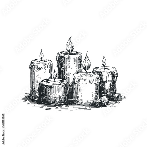 Sketch of Five Lit Candles with Dripping Wax and Shadows