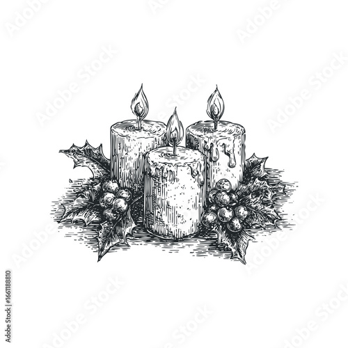 Three lit candles adorned with holly and berries in a festive illustration style
