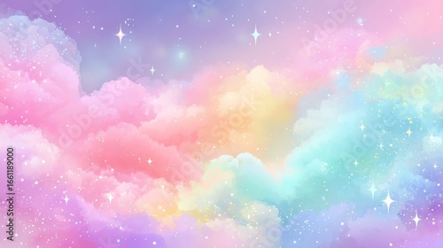 A dreamy pastel background with soft pink, purple, blue, yellow, and green hues blending like watercolor,