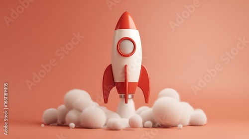A colorful rocket launching into the sky with clouds in a soft pastel background.