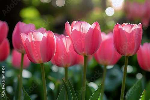 Beautiful Pink Tulips Bloom in Spring Garden Under Warm Sunlight Creating a S...