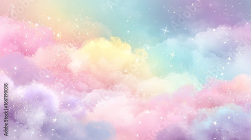 A vibrant sky with soft pastel clouds in pink, purple, blue, yellow, and green, twinkling stars,