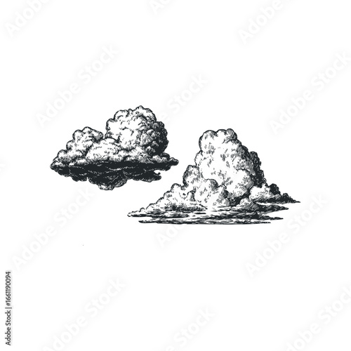 Textured sketch of cumulus clouds against a white background