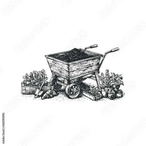 Garden cart filled with soil next to potted plants and vegetables