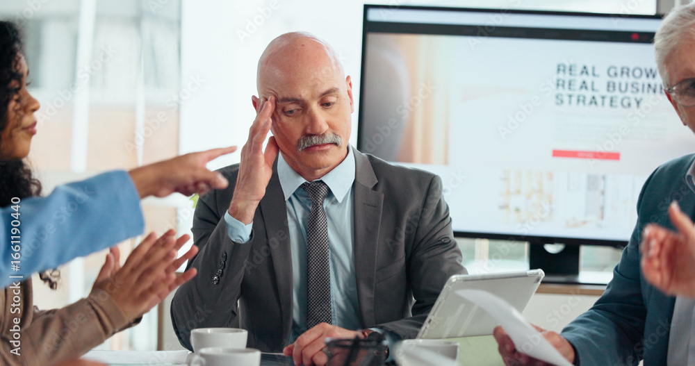 Fototapeta premium Discussion, headache and meeting with business man in office boardroom for growth or strategy. Conversation, paperwork and stress with corporate employee people in workplace for argument or conflict