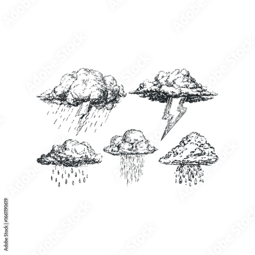 Hand Drawn Stormy Weather Clouds with Rain and Lightning Bolt Symbol
