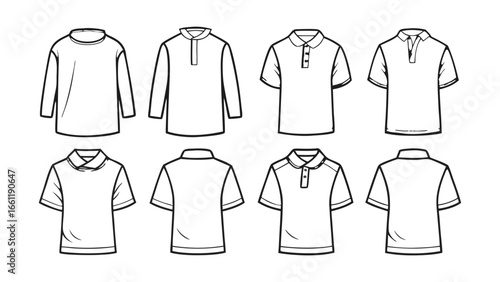 Vector art of assortment of collared shirts, including long-sleeved and short-sleeved polo shirts.