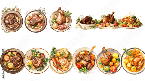Collection of gourmet roasted meat dishes painted in watercolor style with herbs, vegetables, and sauces. Perfect for restaurant menu design, cookbook, or culinary art projects.