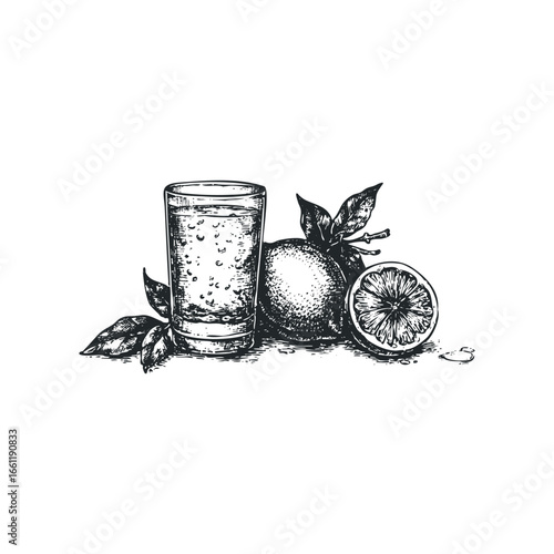 Sketch of Refreshing Drink with Citrus Fruit and Leaves